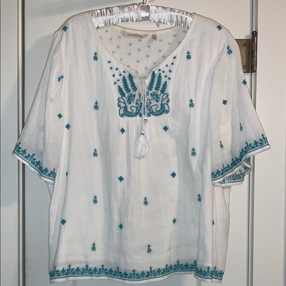 Boho Gauze & Embroidered Top, Bell Sleeves, Tassel Tie, Lined, Teal & White, EUC